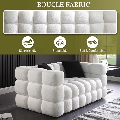 White boucle fabric sofa with skin-friendly, breathable, and comfortable features.