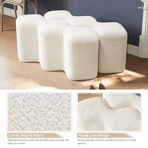 White boucle fabric stool with unique wave line design.