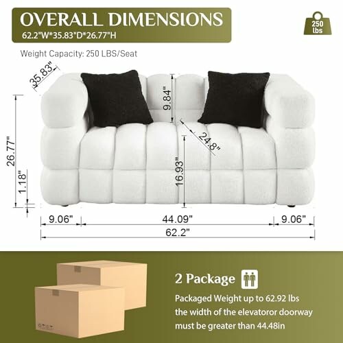 White couch with dimensions and weight capacity details.