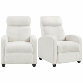 Two white recliner chairs with plush upholstery.