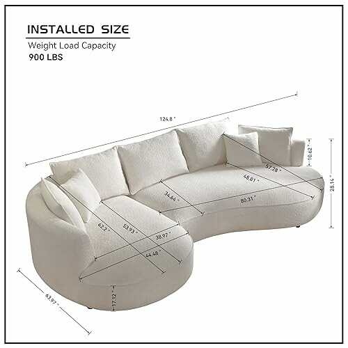 White sectional sofa with dimensions and weight capacity.