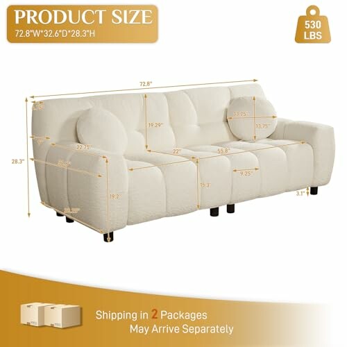 White sofa with dimensions and weight information.