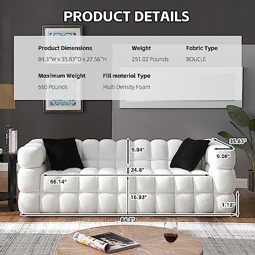 White sofa with product details including dimensions and weight.