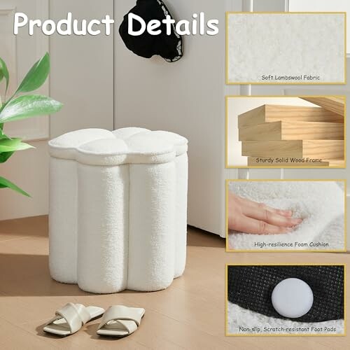 White soft lambswool stool with product details including wood frame, foam cushion, and anti-slip pads.