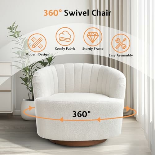 White swivel chair with modern design features and 360-degree rotation.