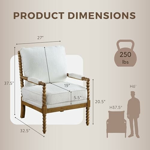 An Illustration of a wooden accent chair with dimensions and weight capacity, highlighting its sturdy and durable design.